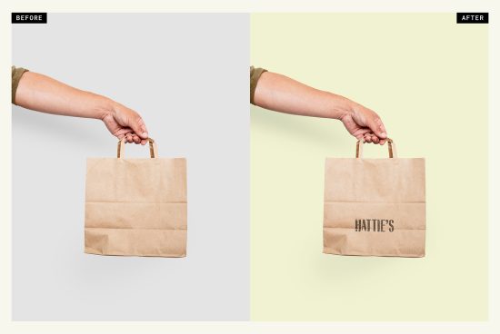 Paper bag mockup held by a hand, split view showing before and after branding design, ideal for showcasing eco-friendly packaging designs.
